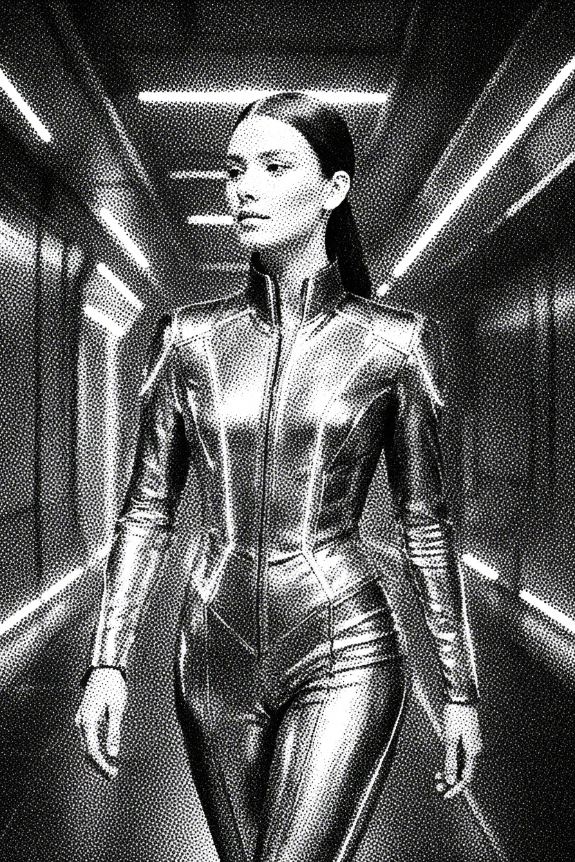 Retro halftone comic-style engraving with black dots only. High contrast, no grey tones.